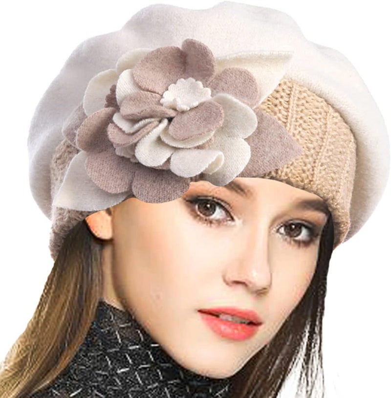 VECRY Lady French Beret 100% Wool Beret Floral Dress Beanie Winter Hat - Image 1